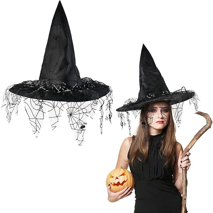 HALLOWEEN WITCH HAT FOR WOMEN VINTAGE LACE VEILS PRINTED HATS PARTY SUPPLIES HALLOWEEN COSTUME ACCESSORIES WITH SPIDER WEB LACE - Image 1